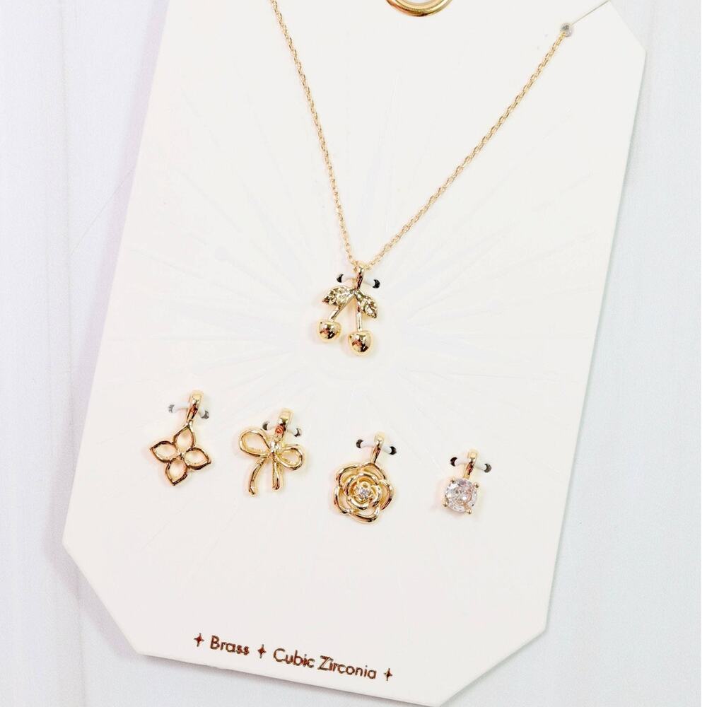 Gold Charm Necklace Set Cherry Clover Bow Flower CZ